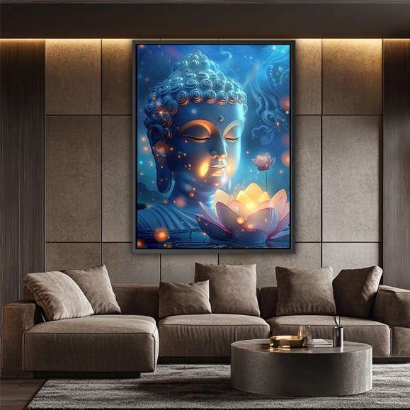 Bouddha avec fleur de lotus, fond bleu et ciel étoilé, visage de Bouddha blanc, style dessin anim...