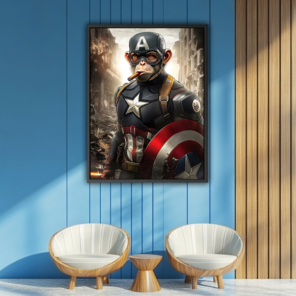 Tableau : A monkey dressed as Captain America, holding his shield, is smoking in the ruins of New York, in the style of a movie poster. The image is a full-body shot with a black frame border around the edges of an A4 format canvas print, set against a white background. The artwork is highly detailed and in high resolution.