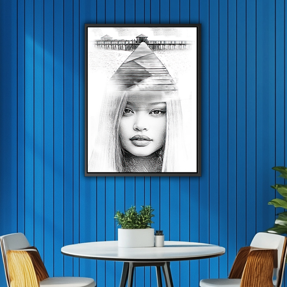 Affiche de dessin au crayon noir et blanc représentant un modèle aux cheveux longs, une forme de pyramide symétrique sur le dessus et une jetée de plage en arrière-plan. Impression encadrée pour art mural, design minimaliste, portrait, haute résolution.