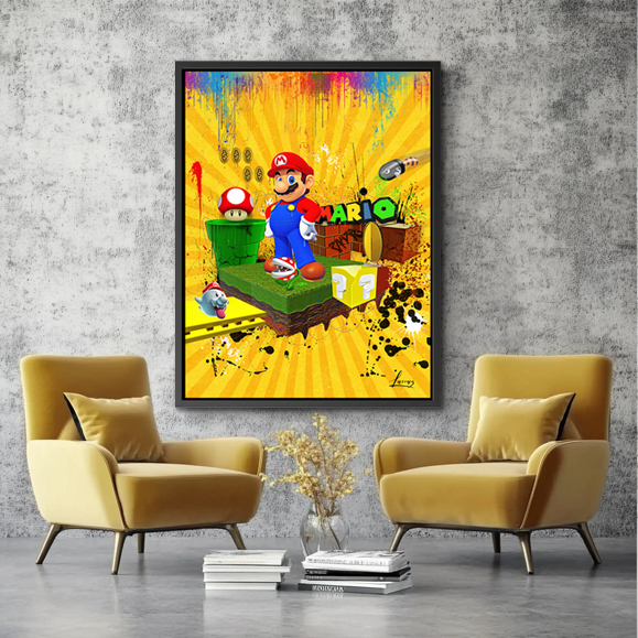 Dessin animé 3D, fond Super Mario pour chambre d'enfant avec couleurs jaune vert bleu rouge et noir...