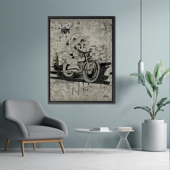 Super mario on his motorbike, wall full of graffiti and comic effect, black white and grey colors, v...