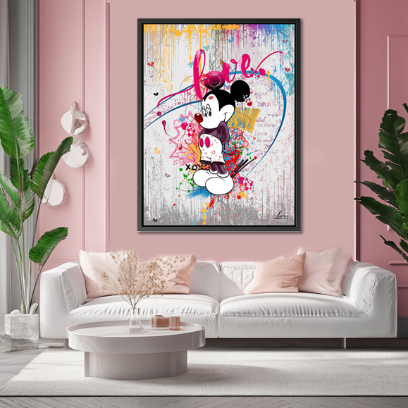 Tableau : Mickey Mouse in the style of graffiti, with I love you written on it, in white and pink tones, surrounded by colorful splashes of paint, a cartoon character, on an abstract background