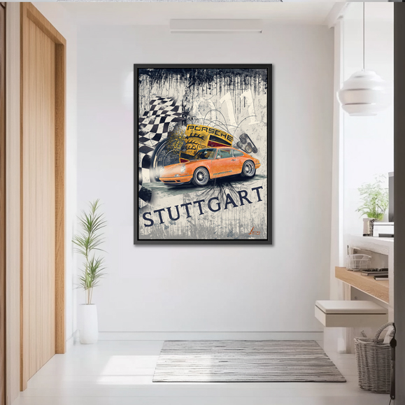 Affiche vintage d'une voiture Porsche avec drapeau à damier de course et mot 