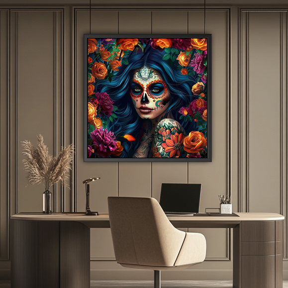 Tableau contemporain - Skull orange roses