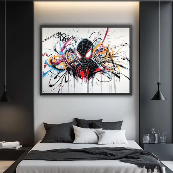 Tableau : Peinture d'art abstrait avec un cadre noir représentant Spider-Man de Marvel sur fond blanc, avec des touches colorées et une esthétique de style graffiti